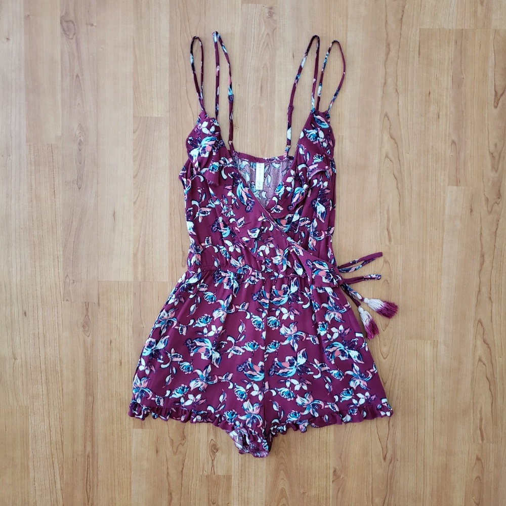 Xhilaration Burgundy Floral Romper with Teal Accents